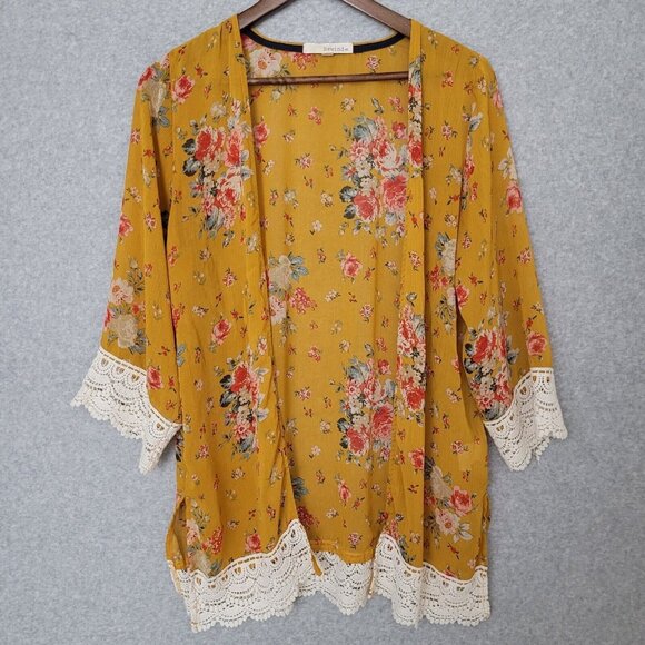 Rewind Womans Floral Coverup Size M Mustard Color Crochet Trim 3/4 Sleeve - Picture 1 of 11